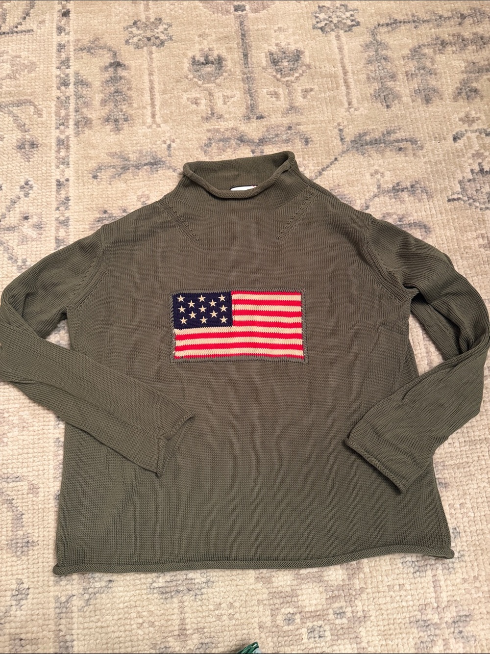 Tuckernuck Olive Green American Flag Knit Sweater with Flag Patch